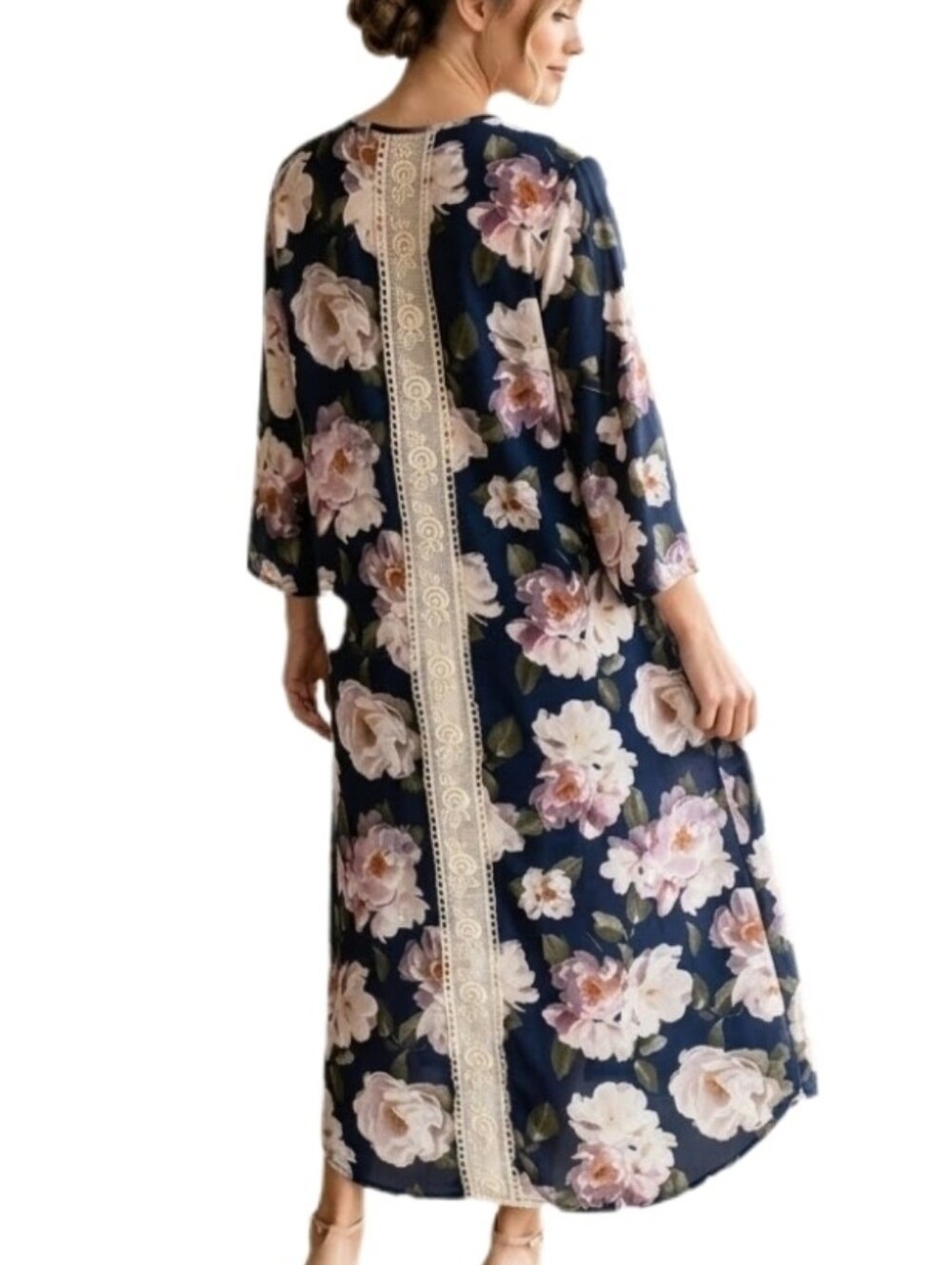 Umgee Kimono Large Flowers Lace Strip On Back Navy Multi Size S